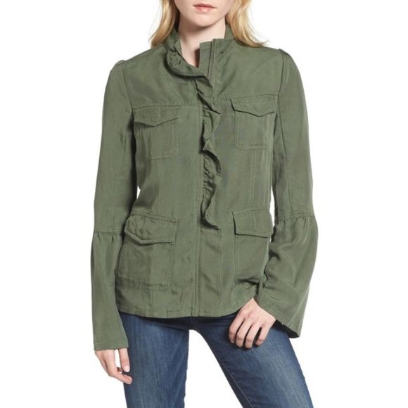 hinge Jackets & Blazers - NWT Hinge Military Green Ruffle Utility Jacket S